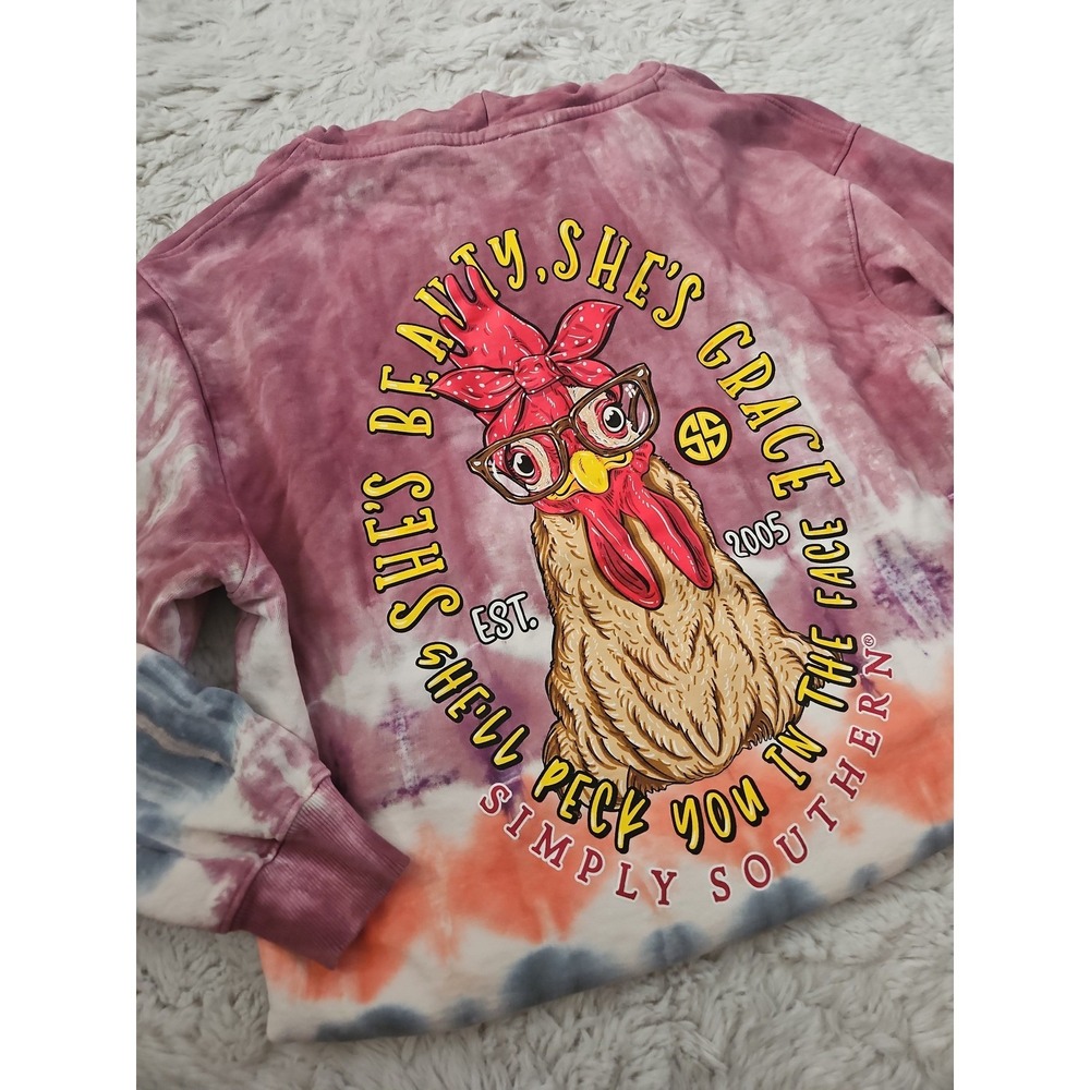 Simply Southern Women's Tie Dye Hoodie Sweatshirt Large Chicken Graphic Back